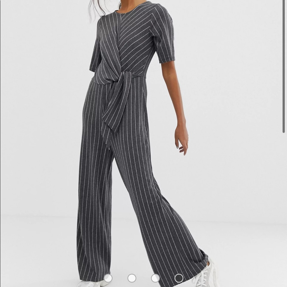 Grey and white tie-waist jumpsuit